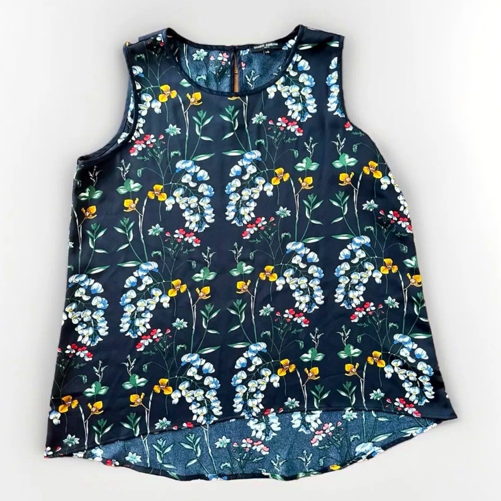 Mario Serrani Black Floral Tank Top Sleeveless Blouse Top Bohemian Shirt Size L‌